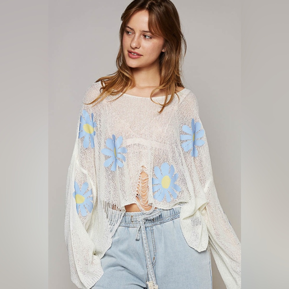 Long Sleeve Distressed Flower Print Knit Top - POL
